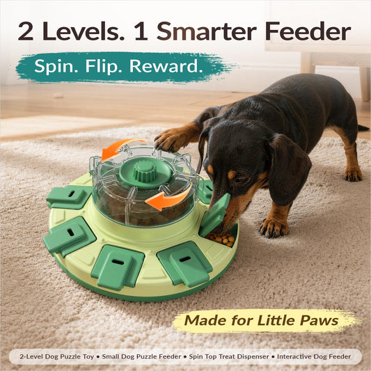 Dog Puzzle Toy, 2 Levels in 1, Spin-to-Release Treat Dispenser | Spin. Flip. Reward. Adjustable 2-in-1 Puzzle Feeder. Made for Little Paws. Slower Meals. Smarter Play.