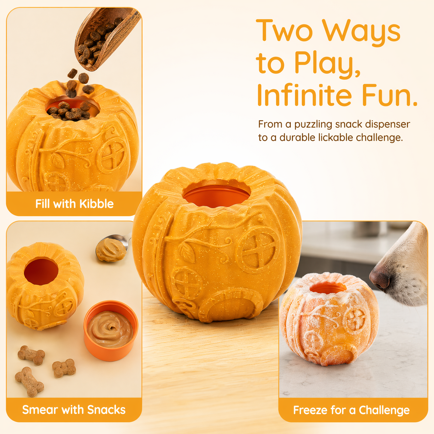 Dog Treat Toys, Pumpkin-Shaped Dog Treat Ball, Dog Frozen Treat Toy with 2 Freeze Bowls, Dog Toy Treat Dispenser, Dog Enrichment Toys, Fillable Slow Feeder and Lick Bowl for Dogs Set