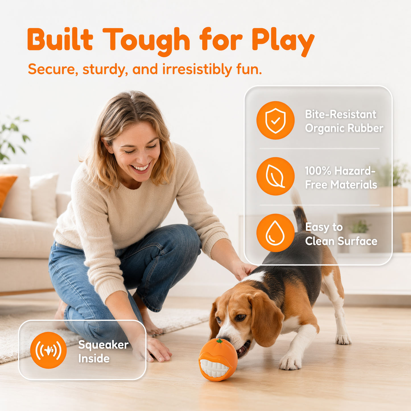 Large Size Orange Squeaky Dog Toy for Medium/Large Dogs Breed Aggressive Chewers Durable Bouncy Squeak Ball