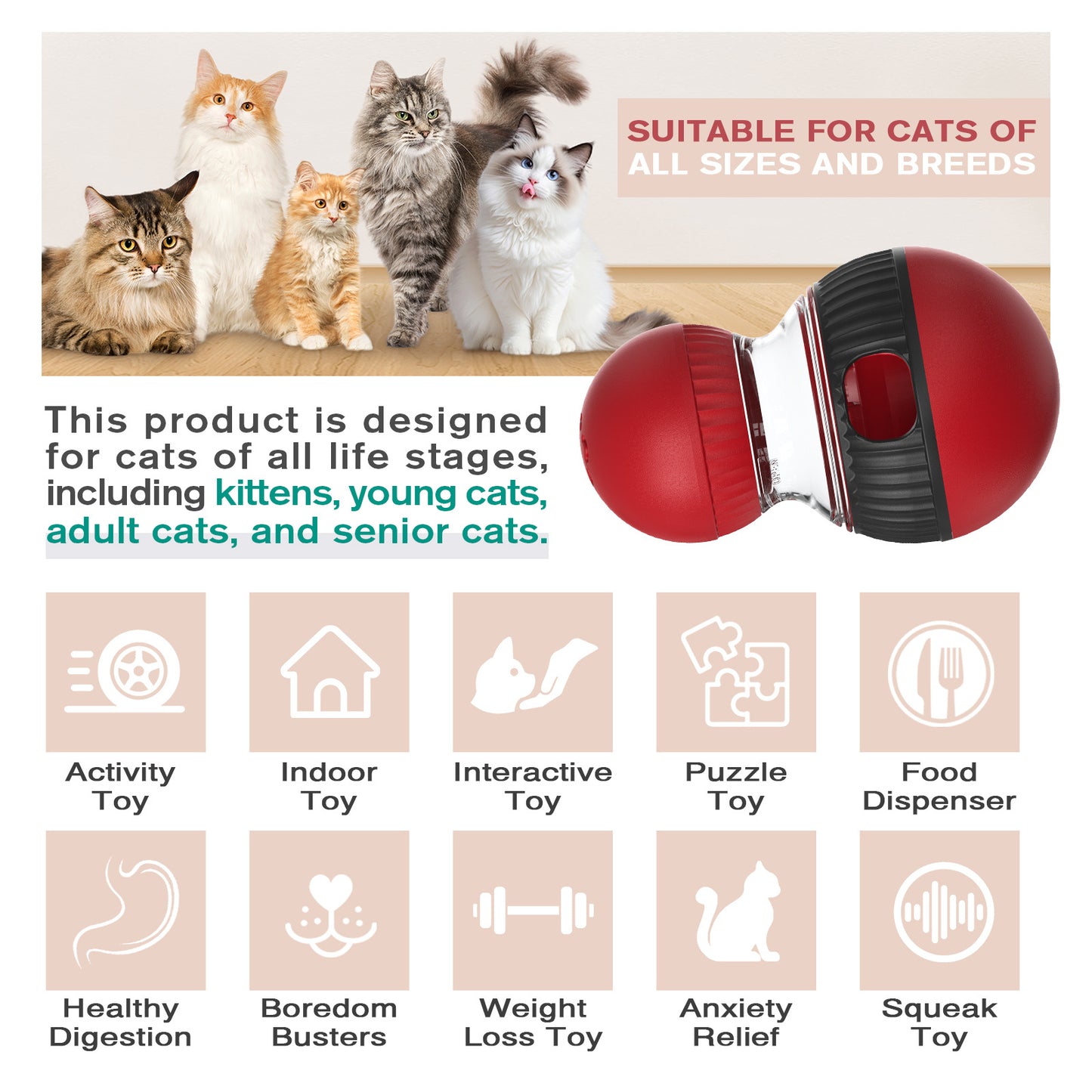 Cat Interactive Toys,Cat Treat Dispenser,Cat Toys for Indoor Cats,Sound Cat Puzzle Feeder Stimulating Activity,Portion Control Slow Feeder with Adjustable Food Intake,Suitable for Kitten and Adult Cat