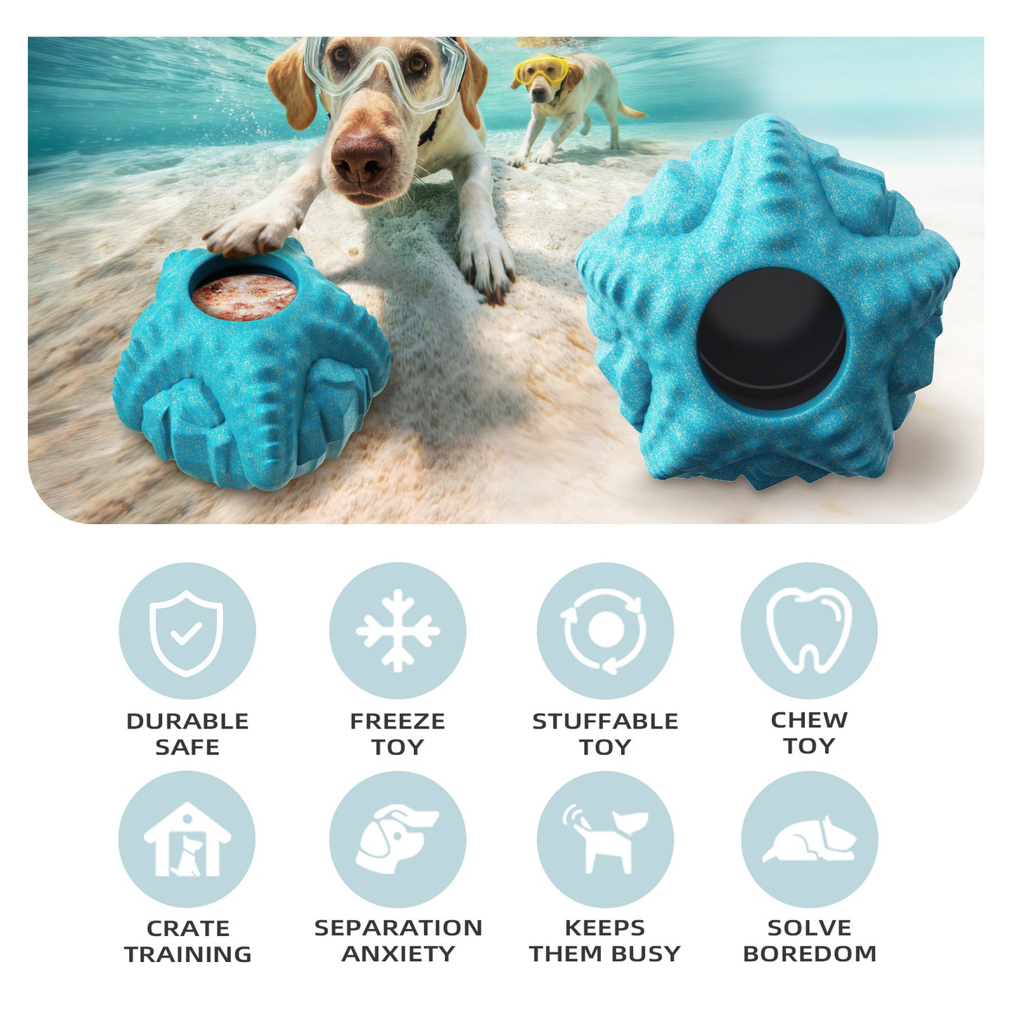 Dog Chew Toy for Aggressive Chewers, Freezable Lick Treat Dispenser, Stuffable Lick Toy, Interactive Enrichment, Long Lasting Puzzle Boredom Buster for Medium & Large Dogs - Yellow Starfish