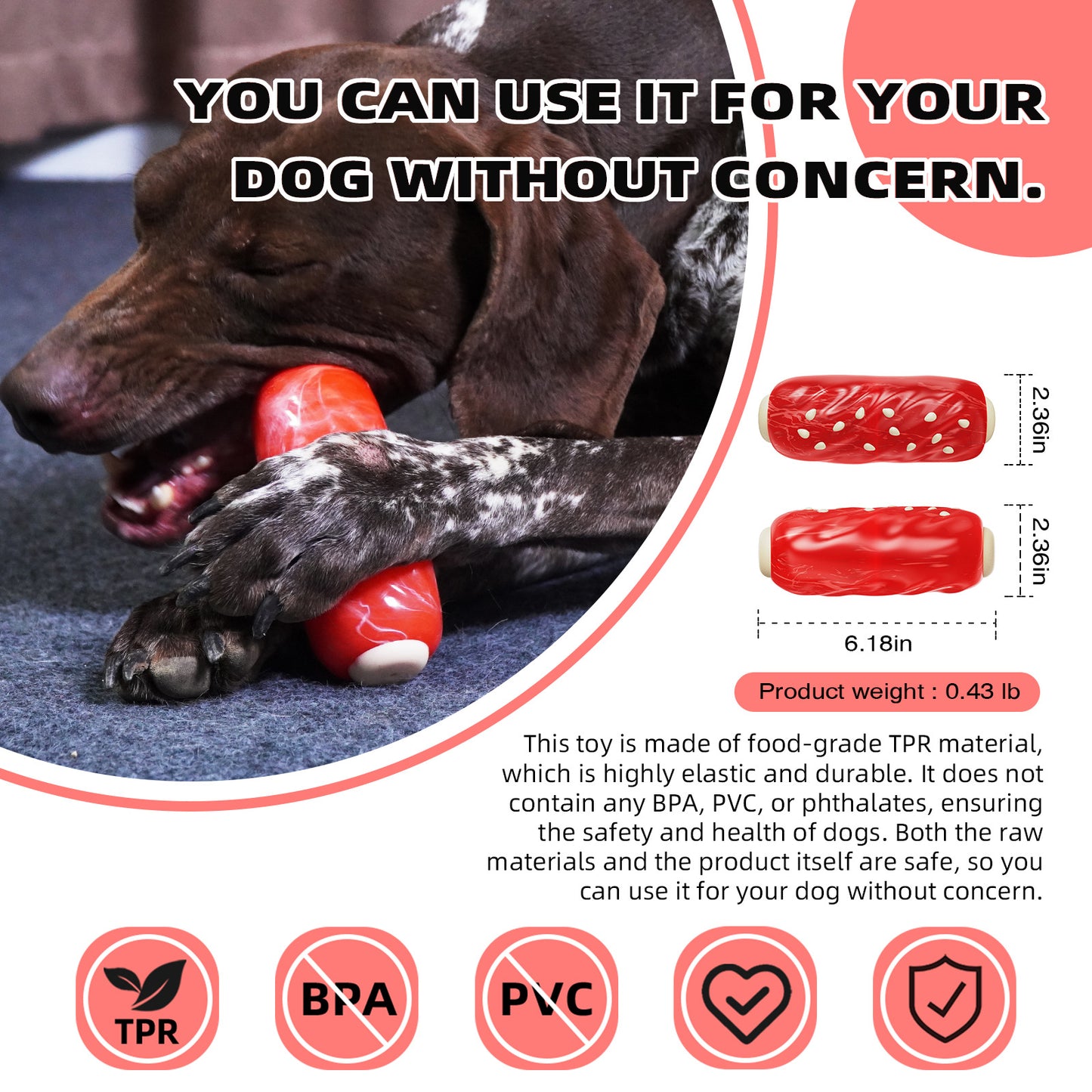 Dog Chew Toys for Aggressive-Chewers - Indestructible Dog Toy for Aggressive Chewer，Tough Chew Toys for Dogs （Rubber Red Meat Stick）