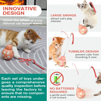 Cat Treat Interactive Toy, Indoor Puzzle Slow Feeding Mental Stimulation Sliding Rolling Cat Toy Ball with Cat Teaser, Cat Treat Dispenser Toy for Large, Medium and Small Cats
