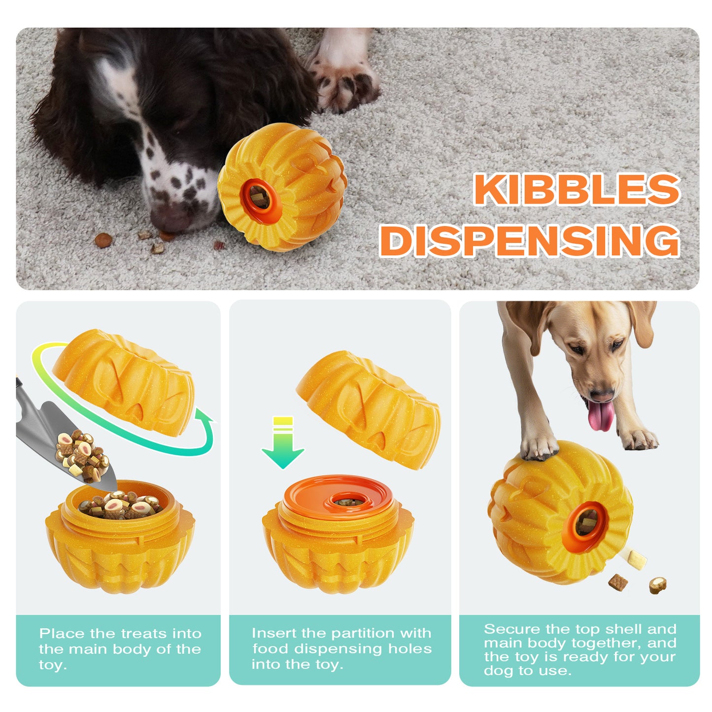 Dog Treat Toys, Pumpkin-Shaped Dog Treat Ball, Dog Frozen Treat Toy with 2 Freeze Bowls, Dog Toy Treat Dispenser, Dog Enrichment Toys, Fillable Slow Feeder and Lick Bowl for Dogs Set