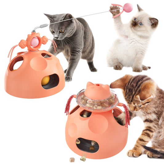 Interactive Cat Toy for Indoor Cats, 4-in-1 Modular Design with Cat Treats Puzzle Slow Feeder, Teaser Wand, Ball Maze & Spinning Ball | Kitten Enrichment Toys for Indoor
