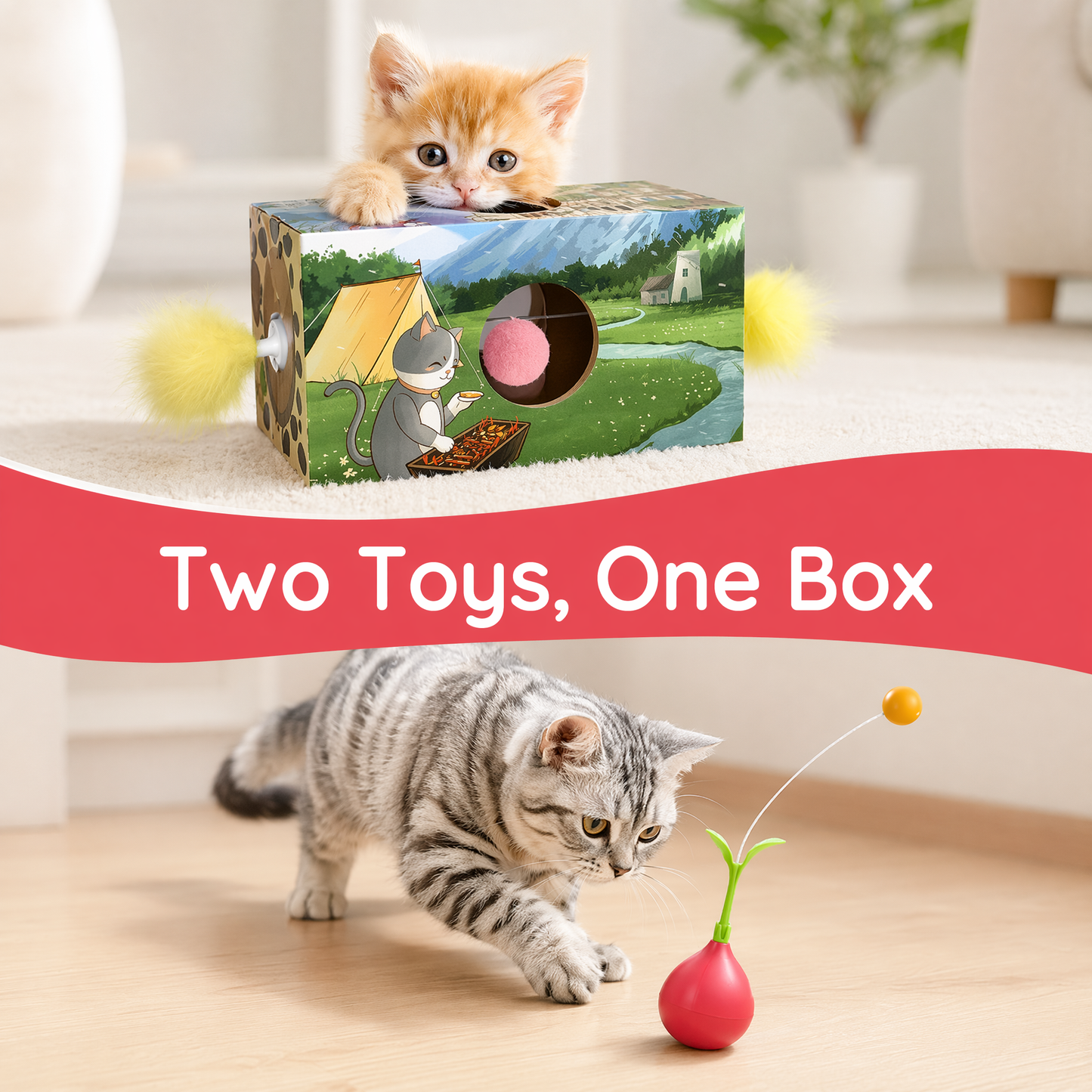 Interactive Cat Toy Wobble Teasing Stick and Cat Digging Hole Toy,One Cat Toy Turn into Two by DIY, Innovative Design
