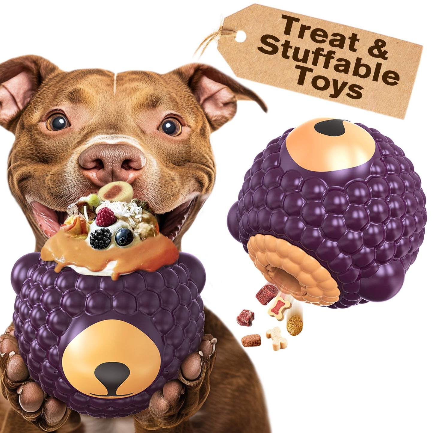 3 in 1 Large-Size Raspberry Dog Fillable Lick Treat Toy,Long-Lasting Ultimate Boredom Buster, Kibble Dispenser Food Ball & Dogs Chew Toys BPA-Free