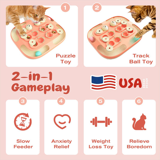 Large Size 2-in-1 Cat Puzzle Feeder Toy & Track Balls for Indoor Cats | Treat puzzle + 2 track balls, 2 levels, no loose parts deliver longer, advanced mental stimulation and active energy burn.